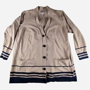 Duluth Trading Company Cream Cardigan with Navy Stripes Size 3XL